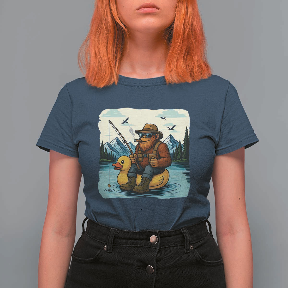 Funny Bigfoot Fishing T Shirt For Women Sasquatch Sitting Rubber Duckie Cruise - Wonder Print Shop