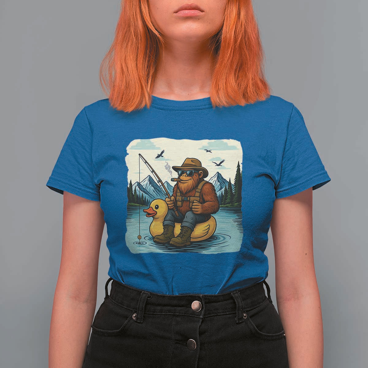 Funny Bigfoot Fishing T Shirt For Women Sasquatch Sitting Rubber Duckie Cruise - Wonder Print Shop