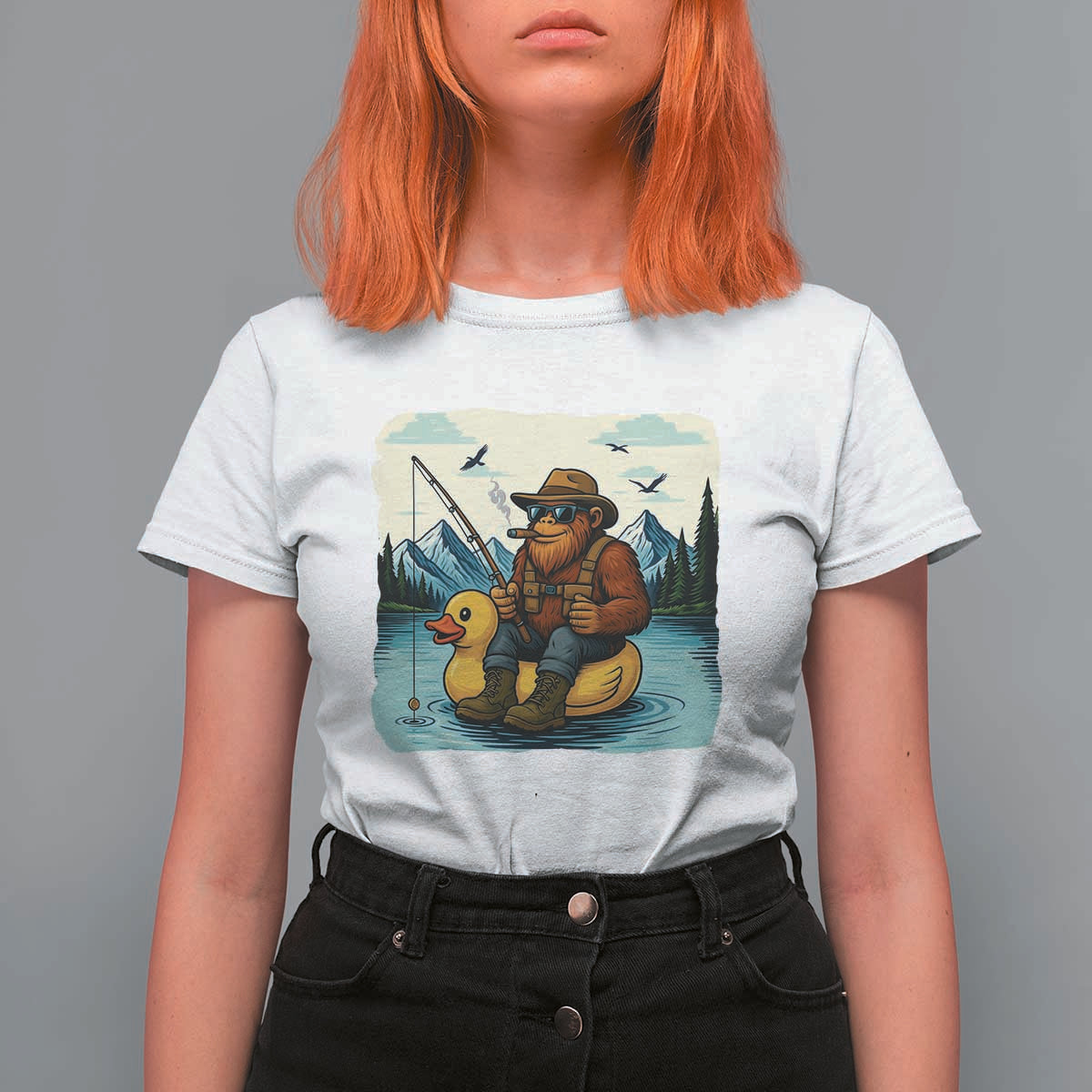 Funny Bigfoot Fishing T Shirt For Women Sasquatch Sitting Rubber Duckie Cruise - Wonder Print Shop