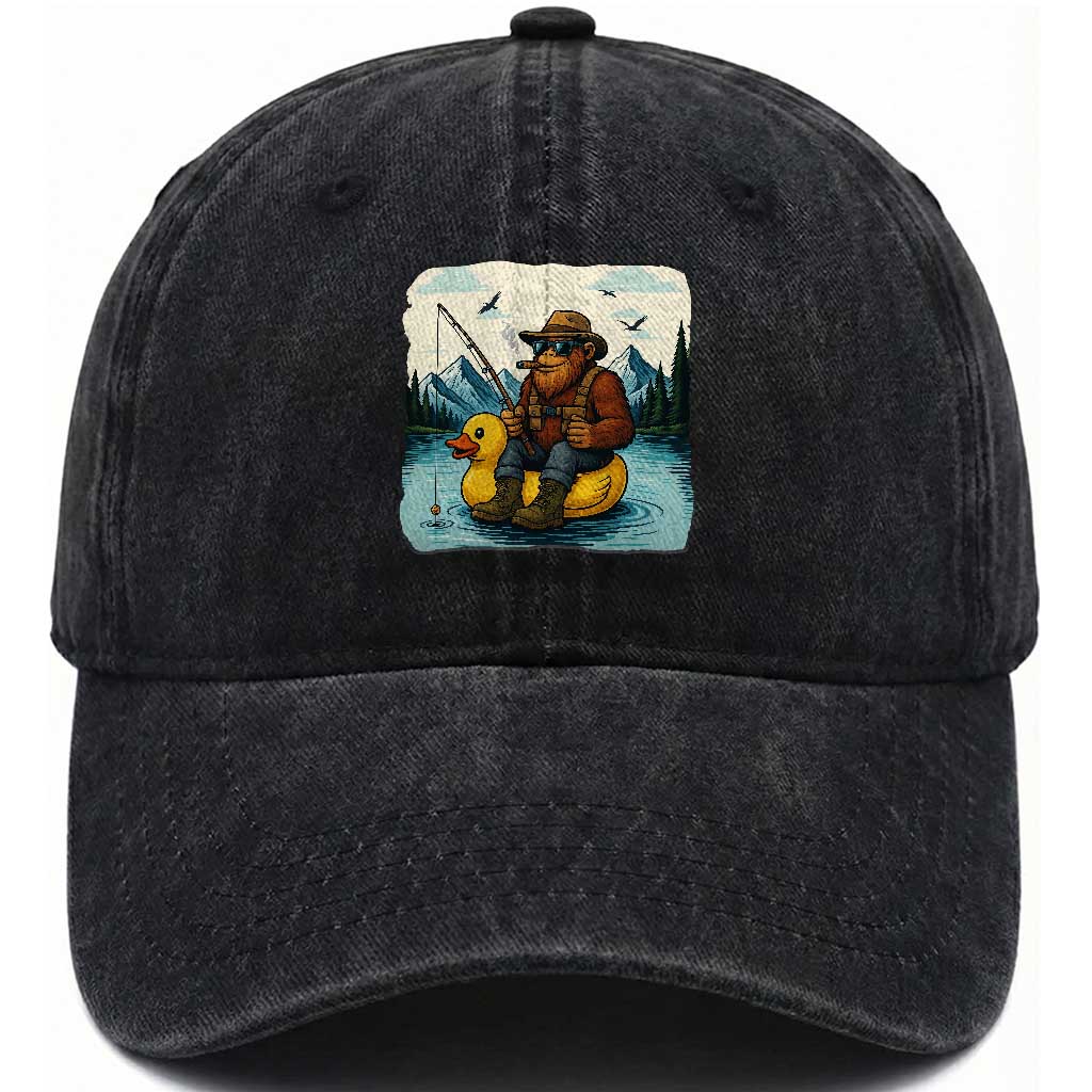 Funny Bigfoot Fishing Washed Cotton Baseball Cap Sasquatch Sitting Rubber Duckie Cruise