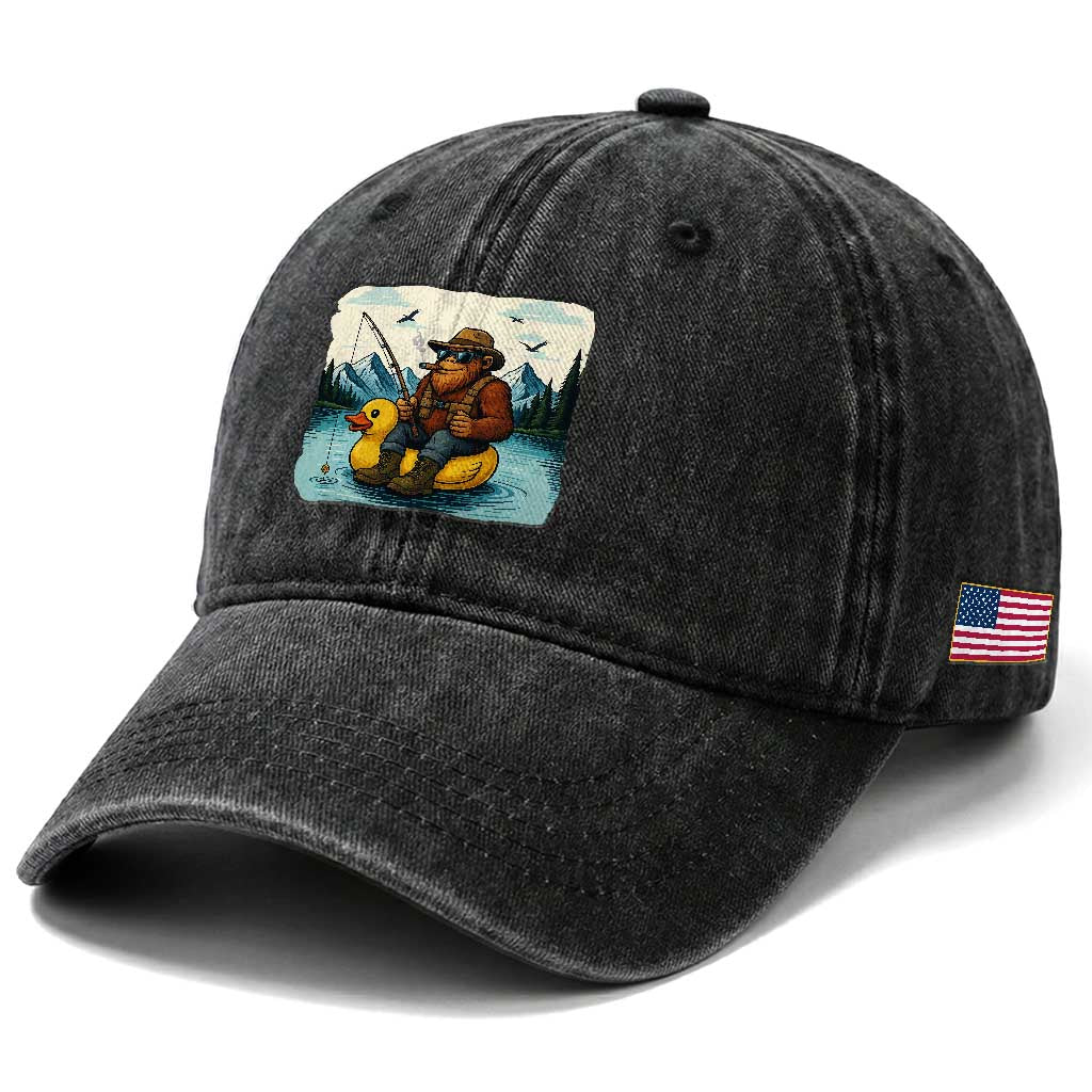 Funny Bigfoot Fishing Washed Cotton Baseball Cap Sasquatch Sitting Rubber Duckie Cruise