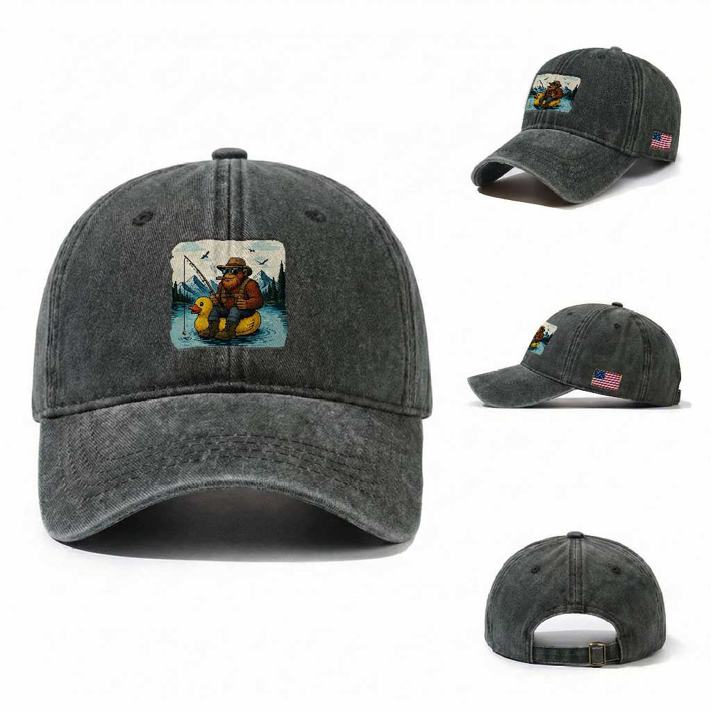 Funny Bigfoot Fishing Washed Cotton Baseball Cap Sasquatch Sitting Rubber Duckie Cruise