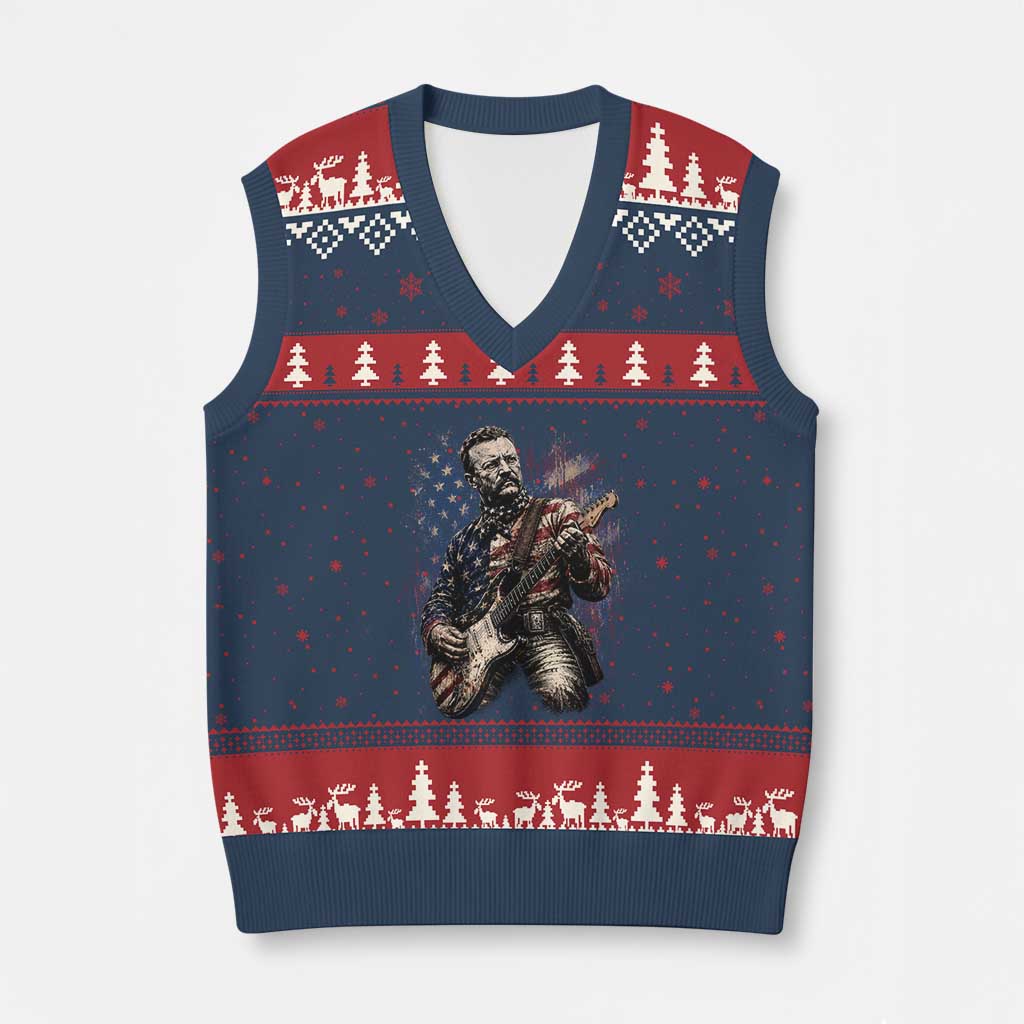 Teddy Roosevelt Playing Guitar 4th of July V-Neck Knit Sweater Vest
