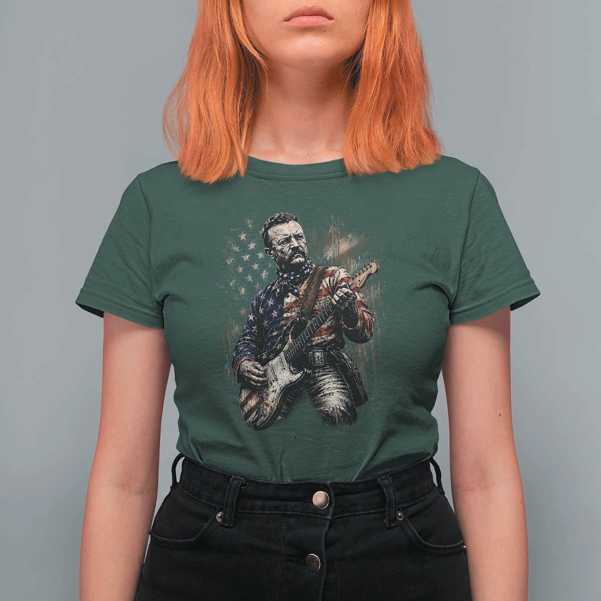 Teddy Roosevelt Playing Guitar 4th of July T Shirt For Women