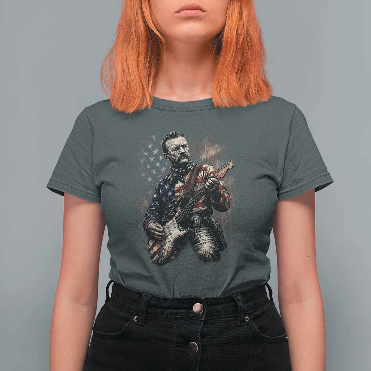 Teddy Roosevelt Playing Guitar 4th of July T Shirt For Women