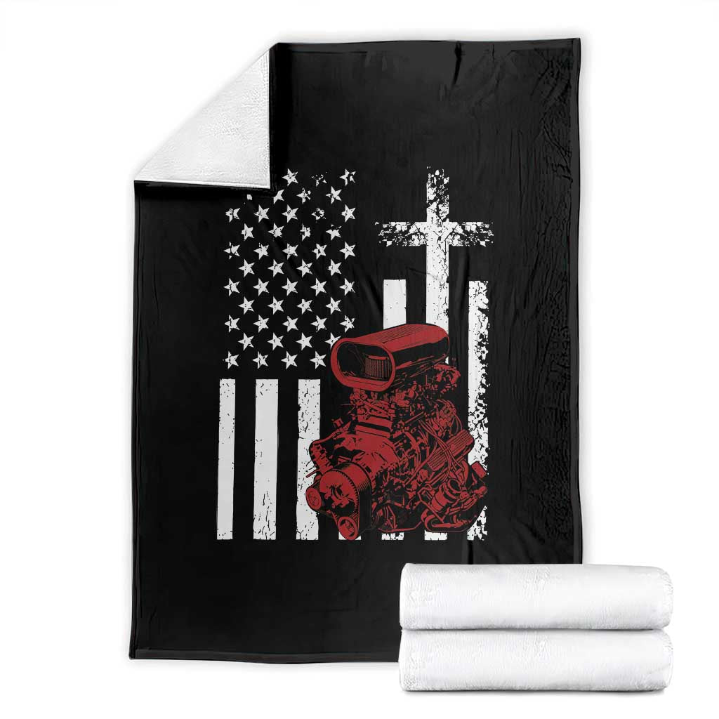 Classic Big Block Blower Throw Blanket Patriotic Racing Engine American Flag Christian Cross