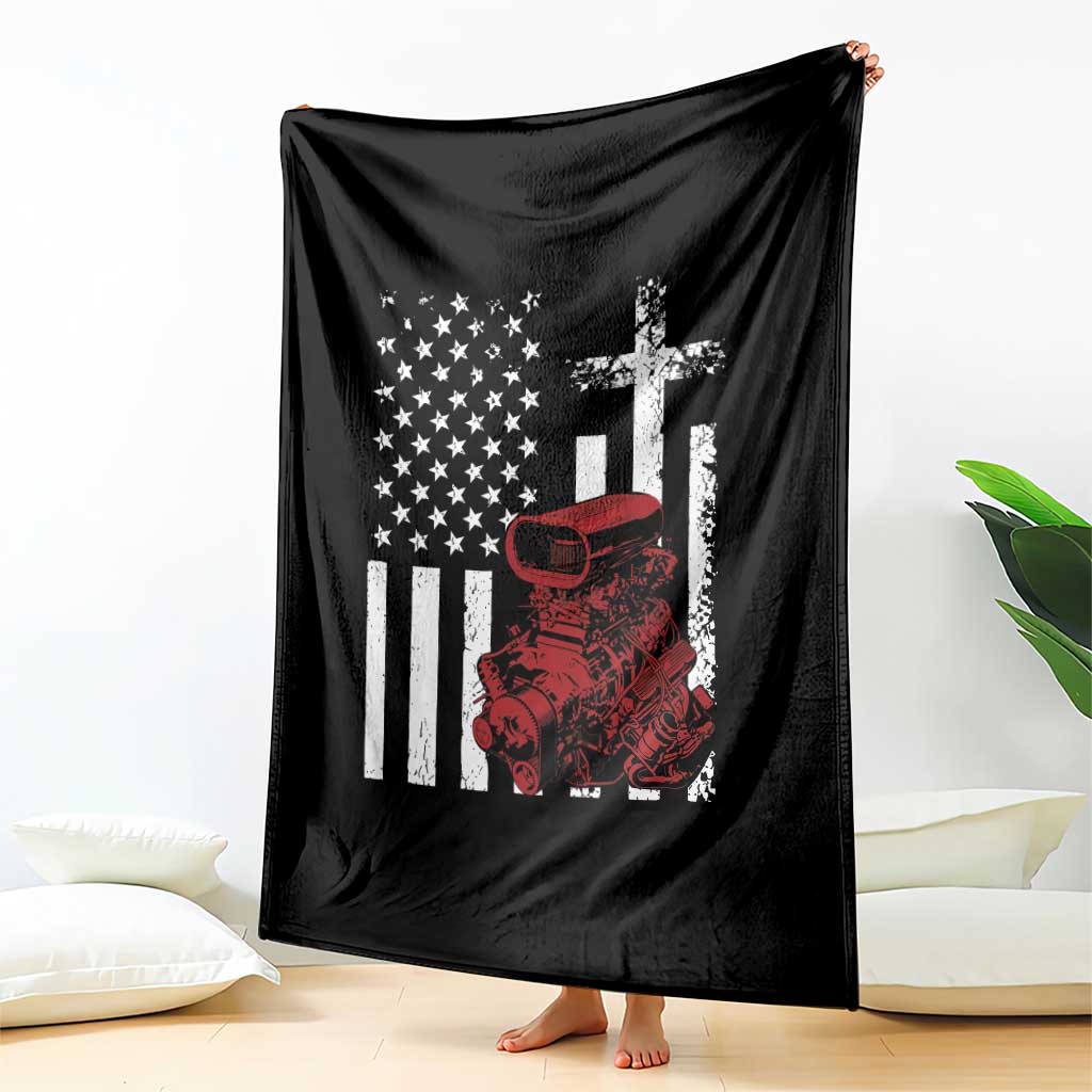 Classic Big Block Blower Throw Blanket Patriotic Racing Engine American Flag Christian Cross
