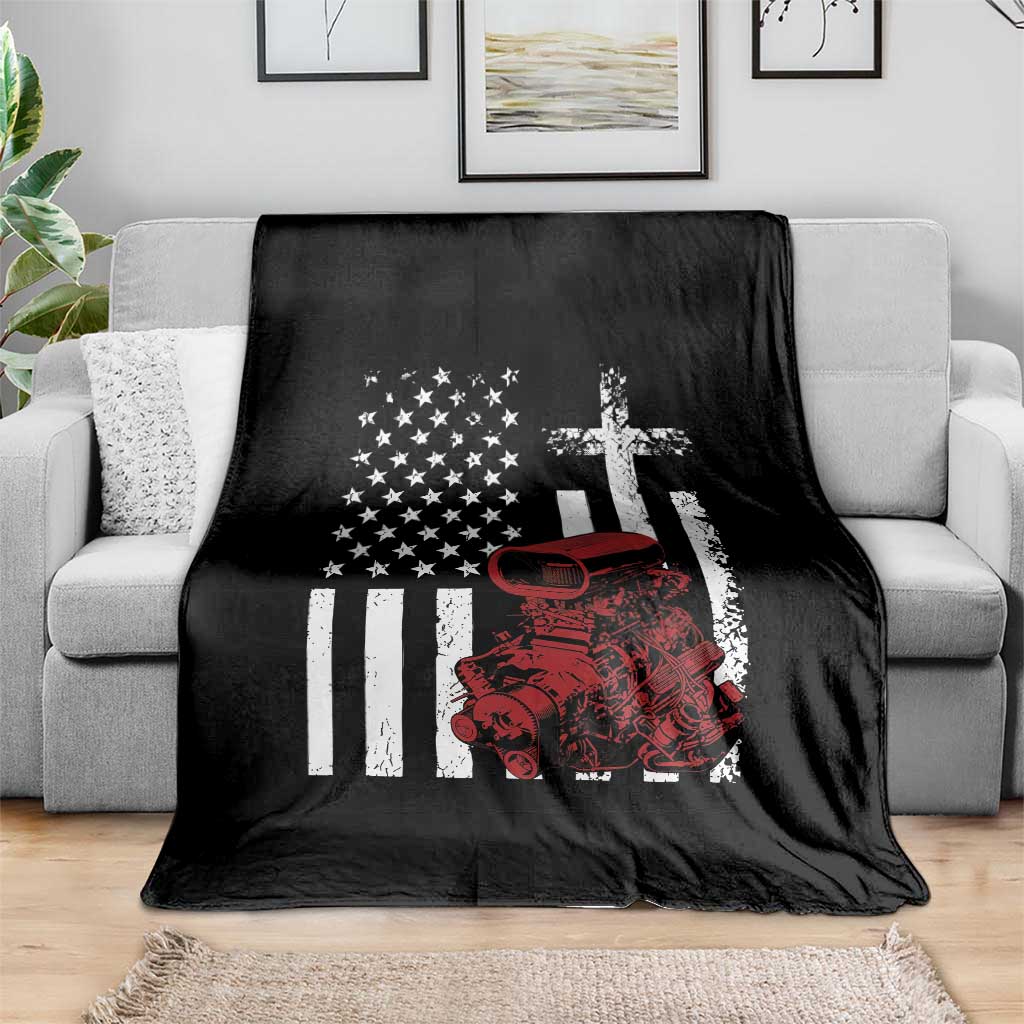 Classic Big Block Blower Throw Blanket Patriotic Racing Engine American Flag Christian Cross