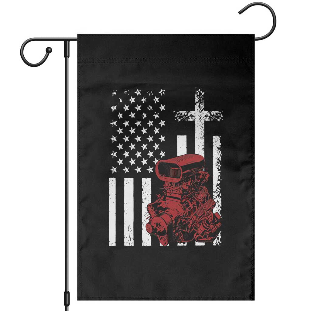 Classic Big Block Blower Garden Flag Patriotic Racing Engine American Flag Christian Cross