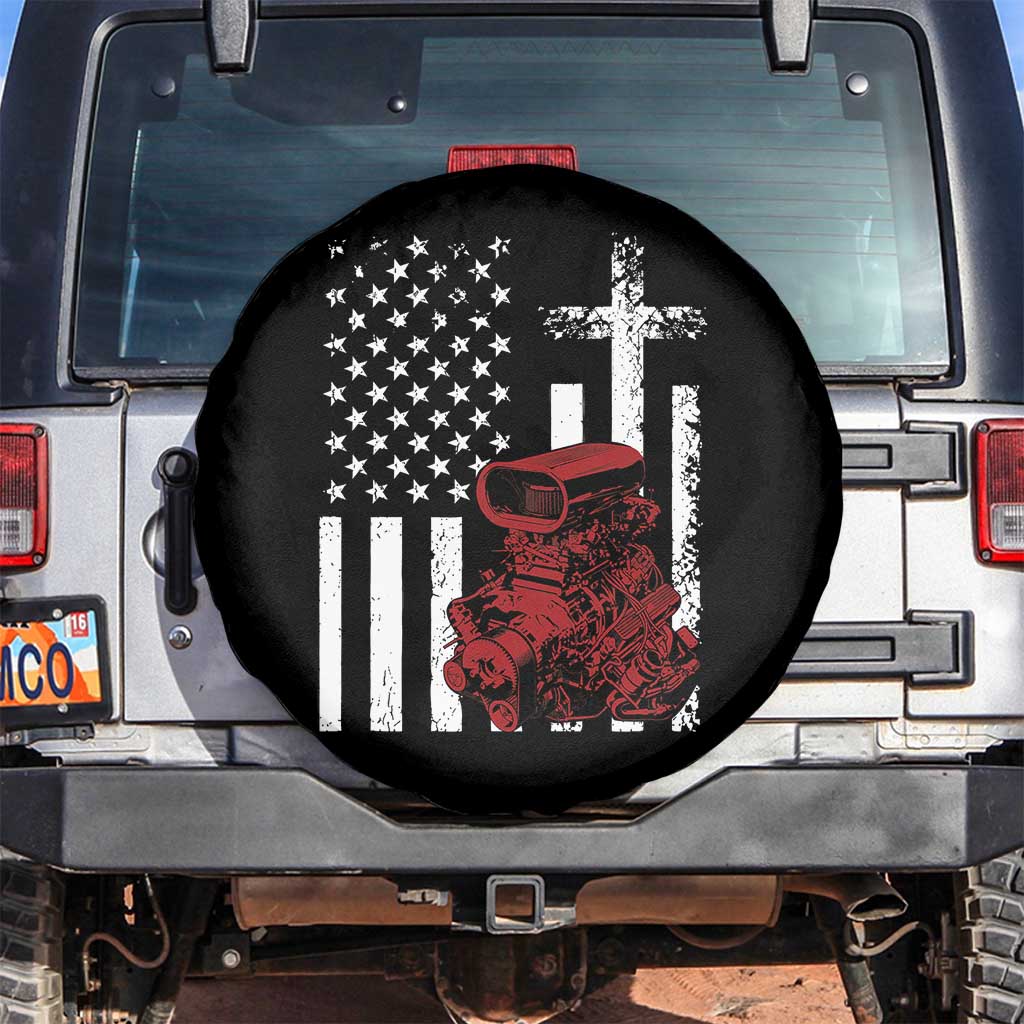 Classic Big Block Blower Spare Tire Cover Patriotic Racing Engine American Flag Christian Cross