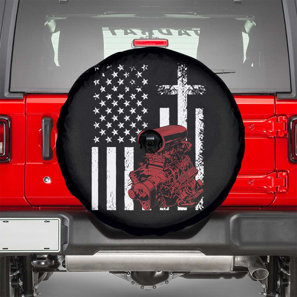 Classic Big Block Blower Spare Tire Cover Patriotic Racing Engine American Flag Christian Cross