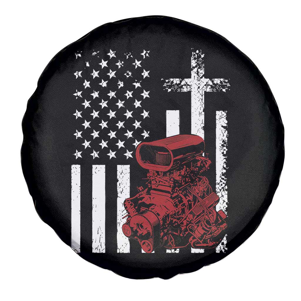Classic Big Block Blower Spare Tire Cover Patriotic Racing Engine American Flag Christian Cross
