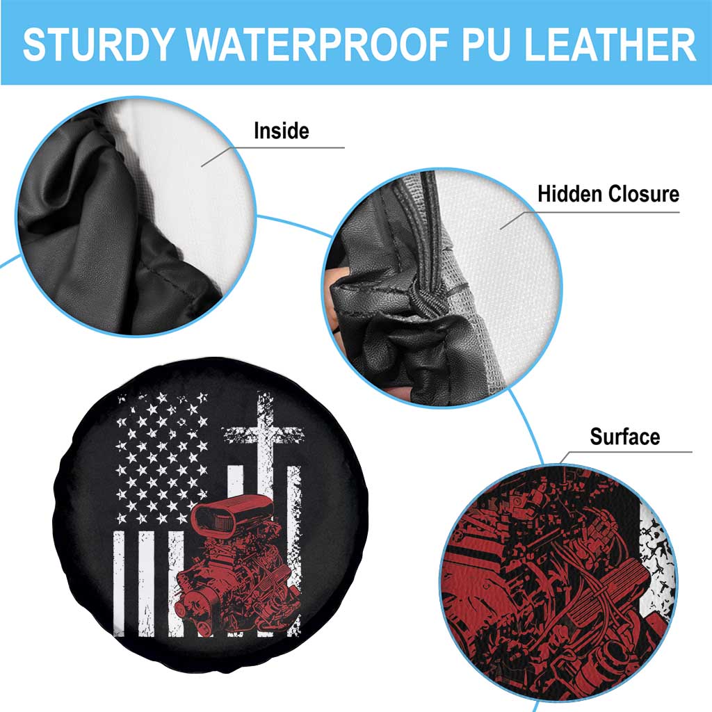 Classic Big Block Blower Spare Tire Cover Patriotic Racing Engine American Flag Christian Cross