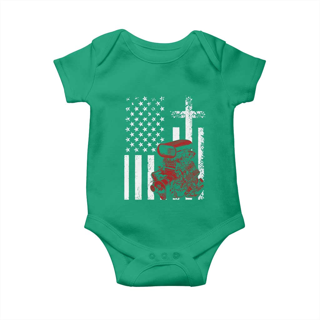 Classic Big Block Blower Baby Onesie Patriotic Racing Engine American Flag Christian Cross