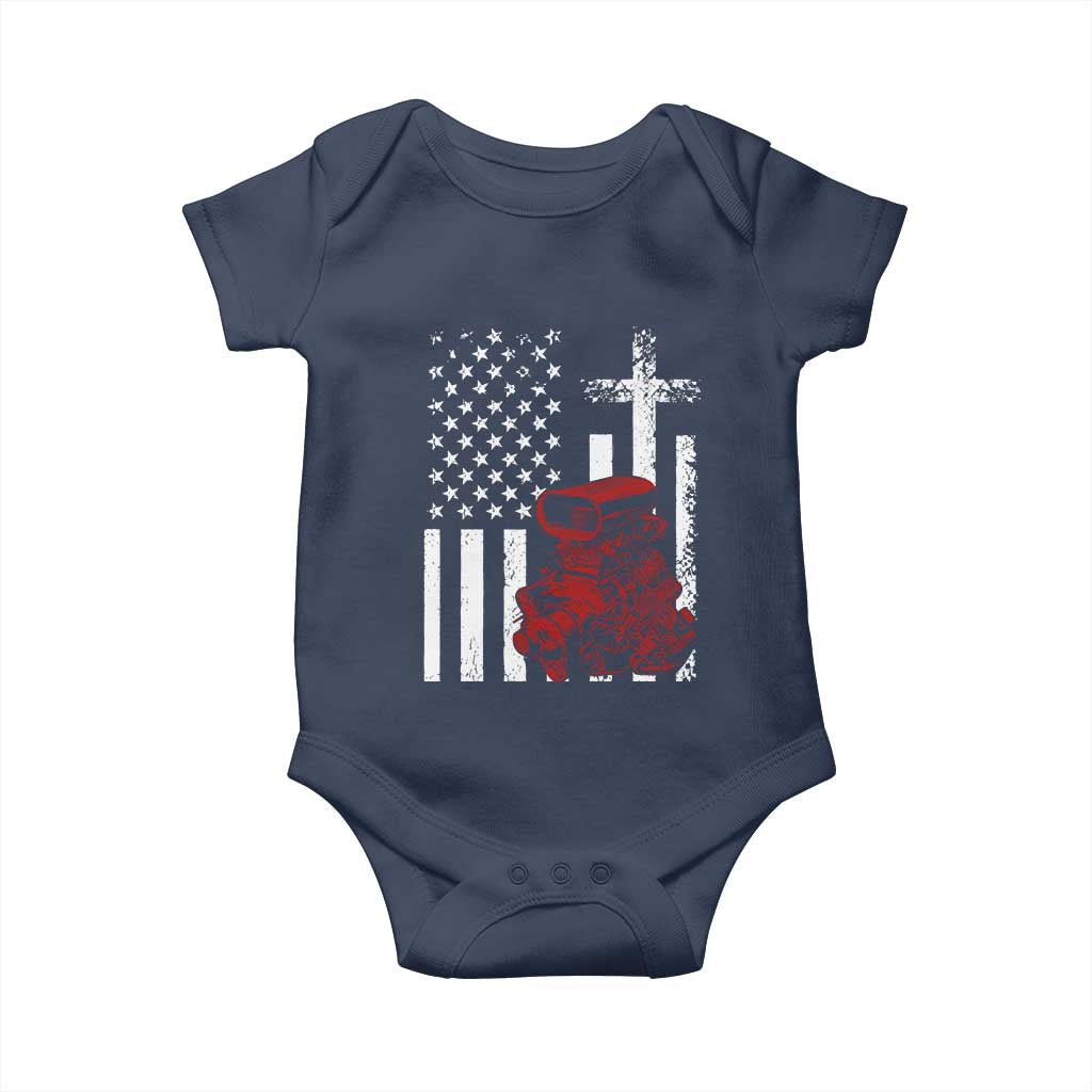 Classic Big Block Blower Baby Onesie Patriotic Racing Engine American Flag Christian Cross