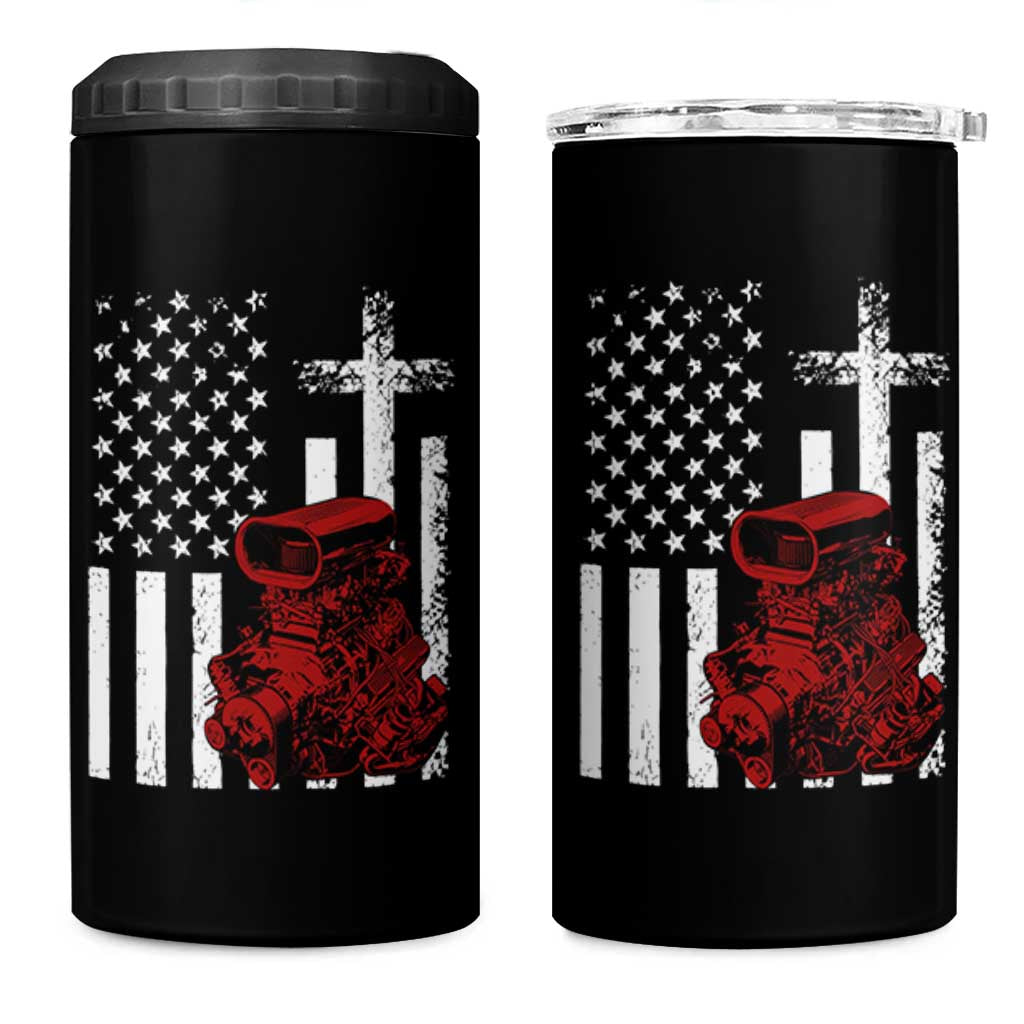 Classic Big Block Blower 4 in 1 Can Cooler Tumbler Patriotic Racing Engine American Flag Christian Cross