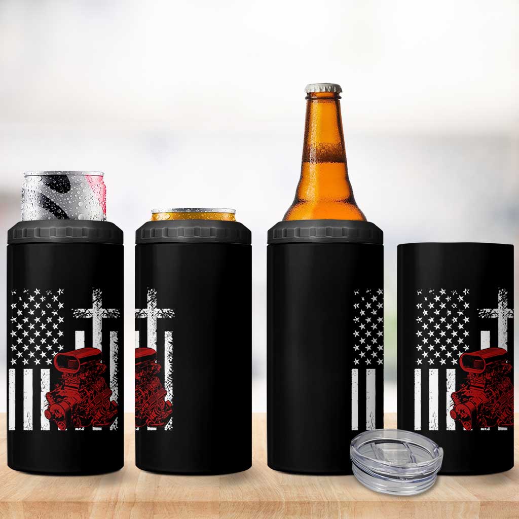 Classic Big Block Blower 4 in 1 Can Cooler Tumbler Patriotic Racing Engine American Flag Christian Cross
