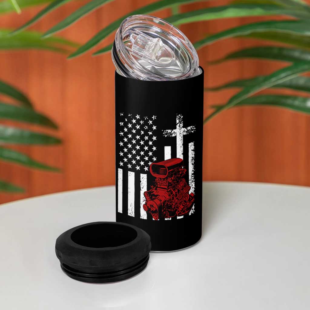 Classic Big Block Blower 4 in 1 Can Cooler Tumbler Patriotic Racing Engine American Flag Christian Cross