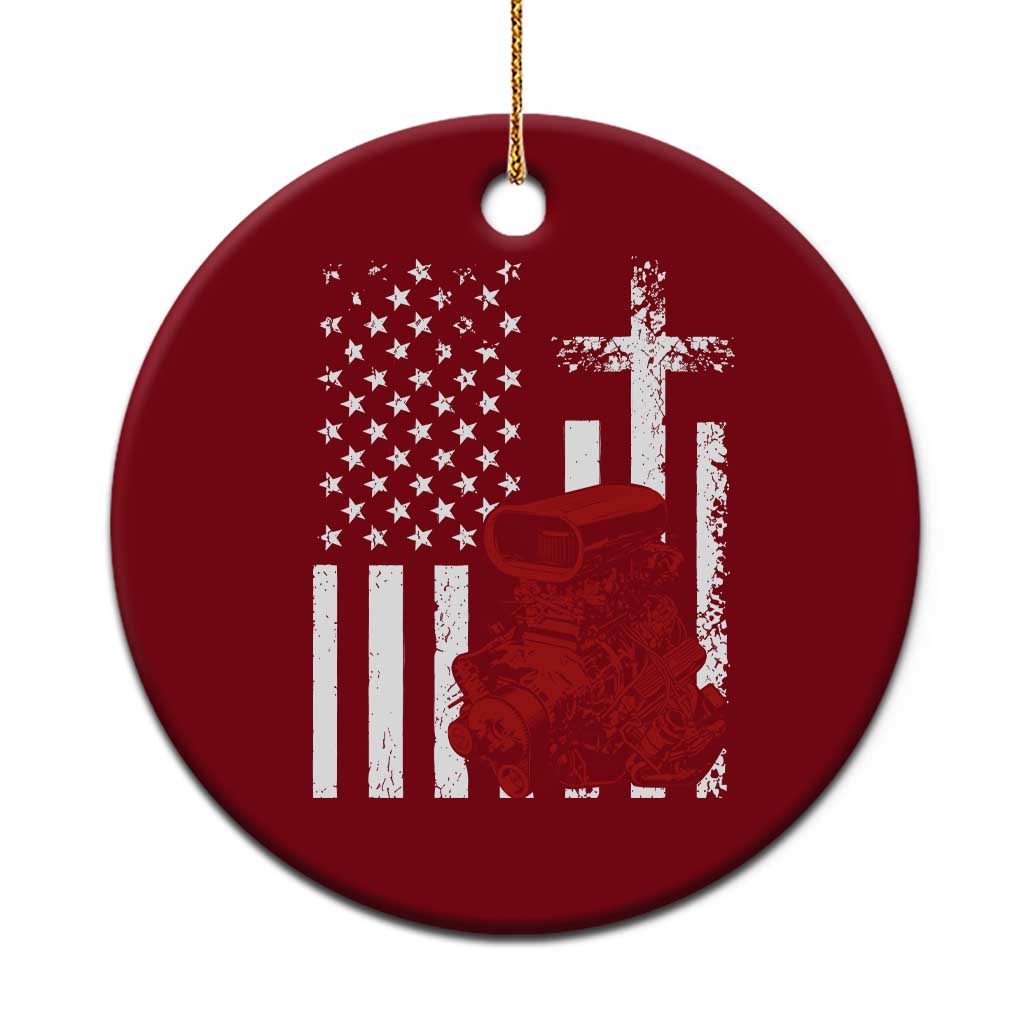 Classic Big Block Blower Ceramic Ornament Patriotic Racing Engine American Flag Christian Cross