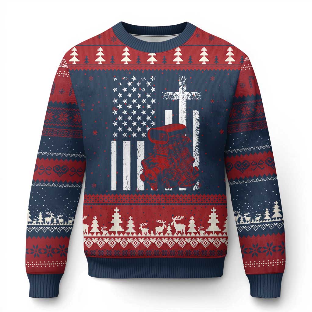 Classic Big Block Blower Ugly Christmas Sweater Patriotic Racing Engine American Flag Christian Cross