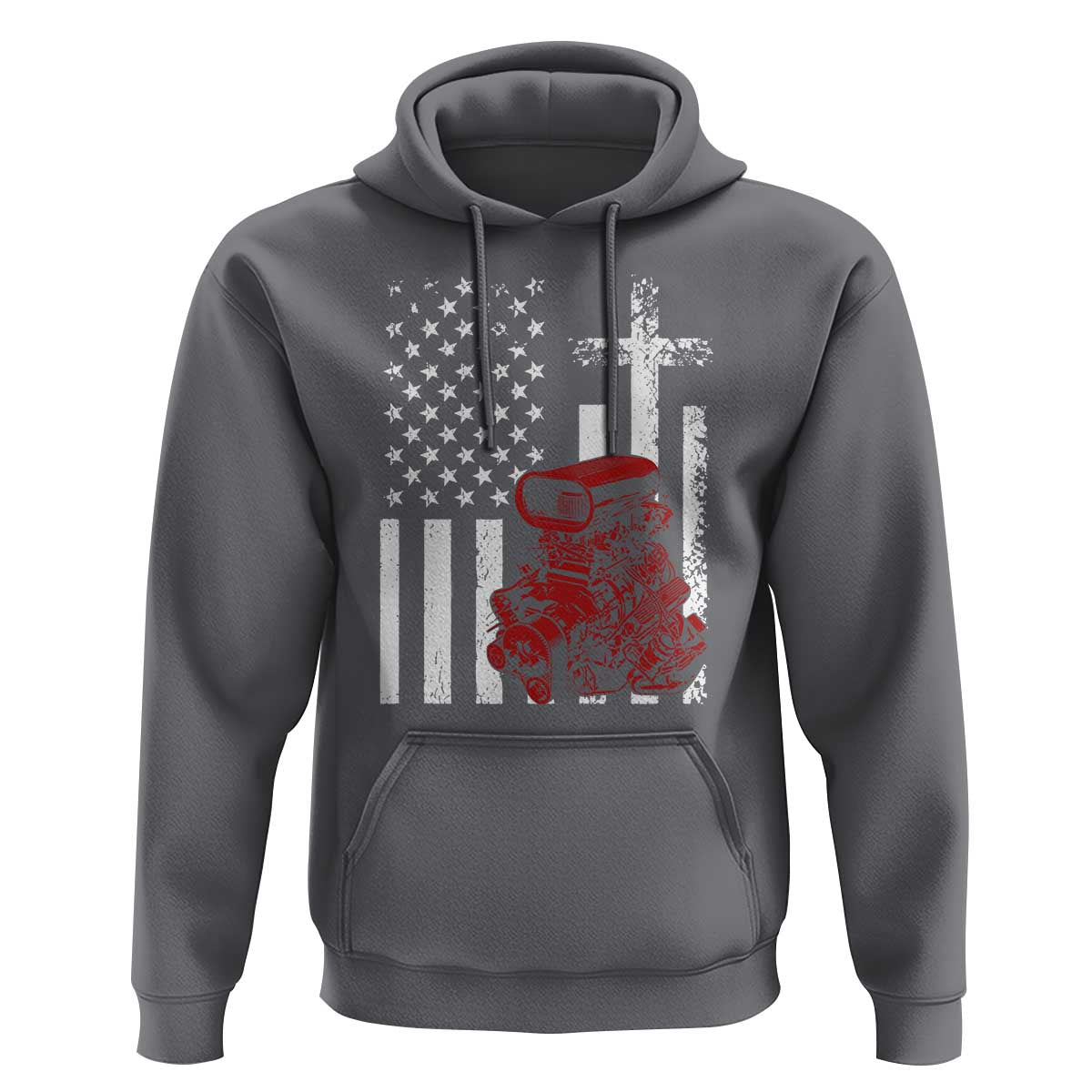 Classic Big Block Blower Hoodie Patriotic Racing Engine American Flag Christian Cross