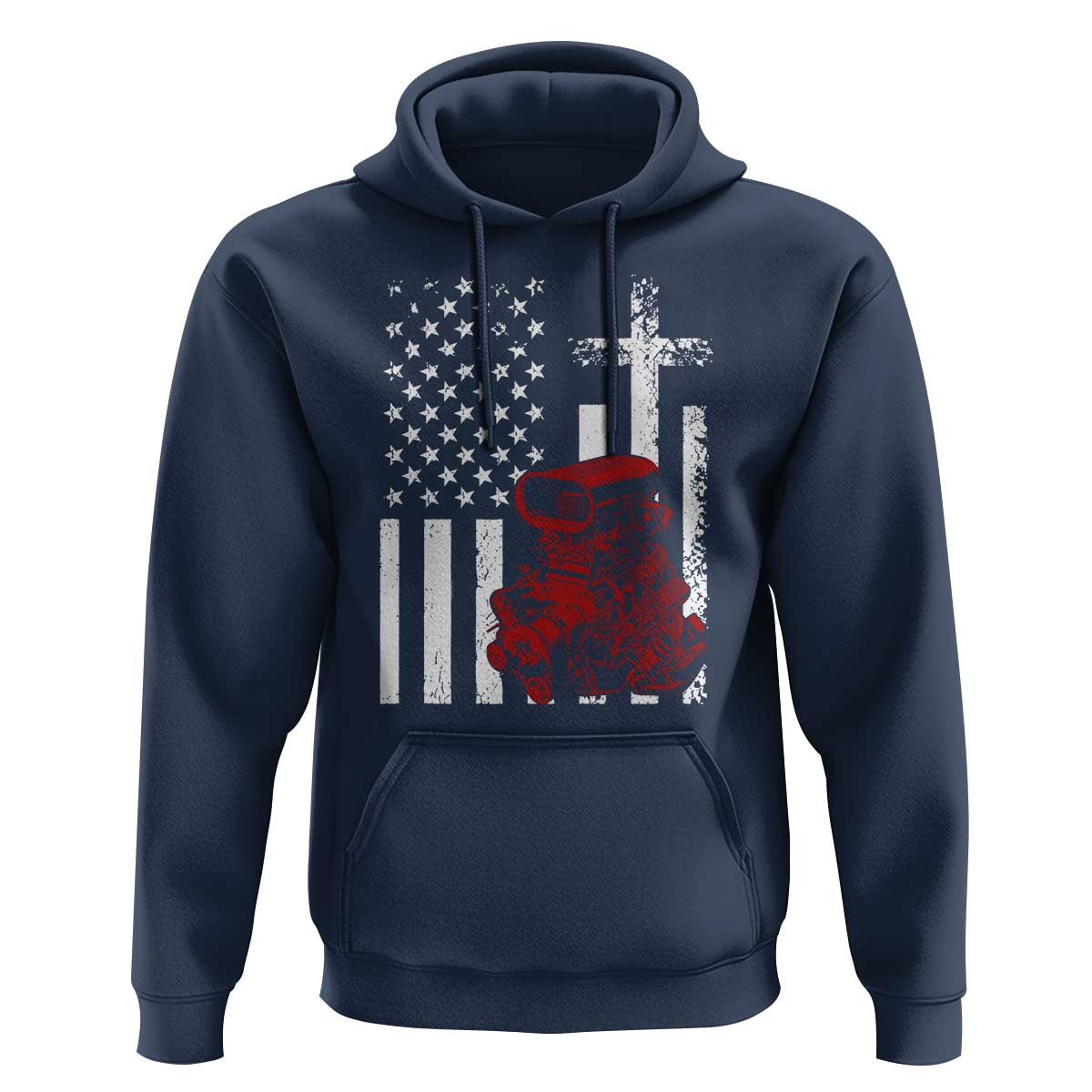 Classic Big Block Blower Hoodie Patriotic Racing Engine American Flag Christian Cross
