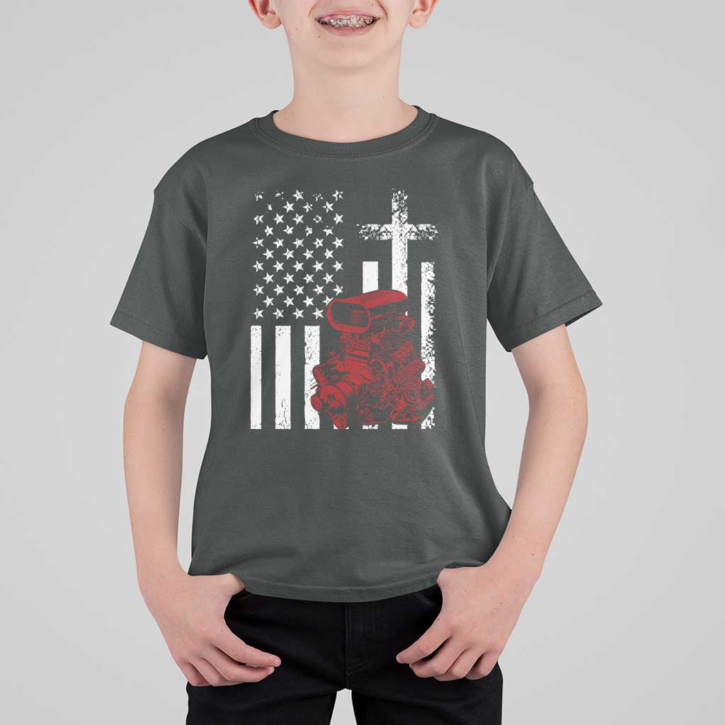 Classic Big Block Blower T Shirt For Kid Patriotic Racing Engine American Flag Christian Cross