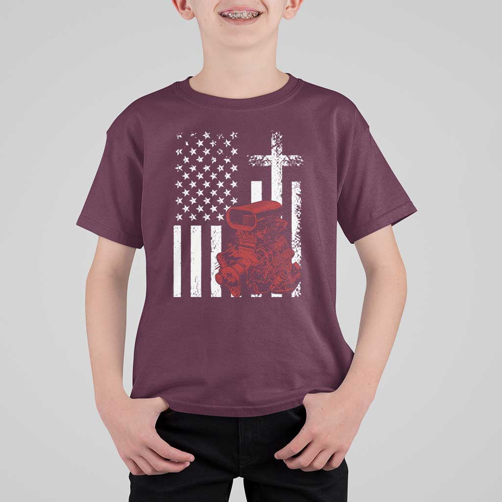 Classic Big Block Blower T Shirt For Kid Patriotic Racing Engine American Flag Christian Cross