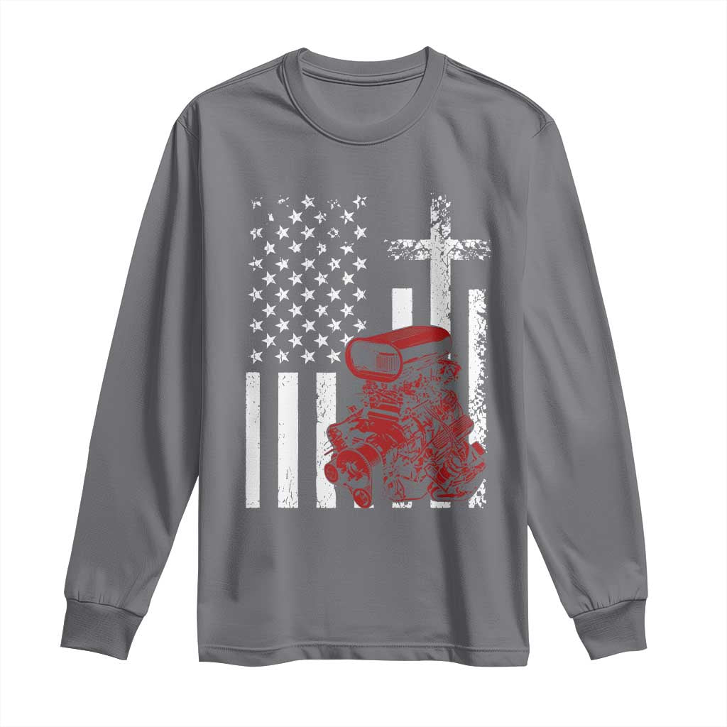 Classic Big Block Blower Long Sleeve Shirt Patriotic Racing Engine American Flag Christian Cross