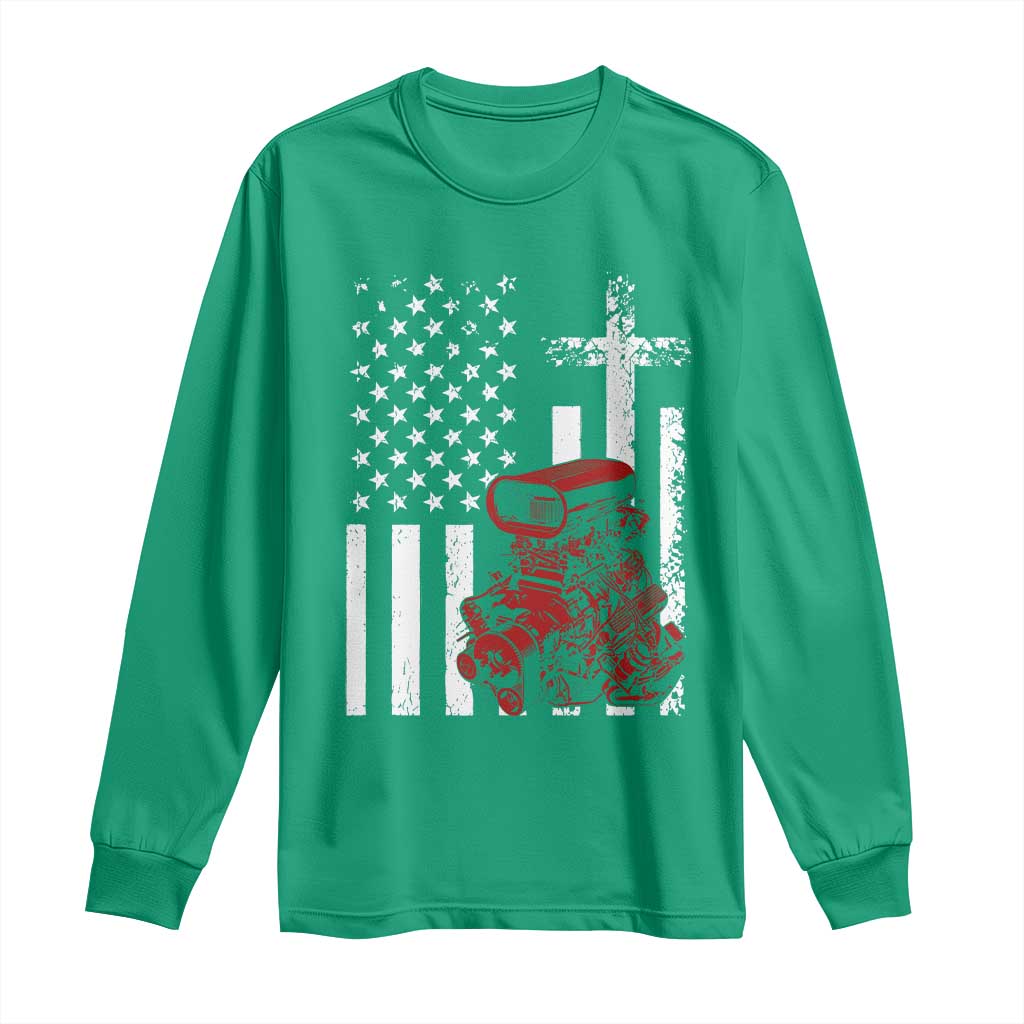 Classic Big Block Blower Long Sleeve Shirt Patriotic Racing Engine American Flag Christian Cross