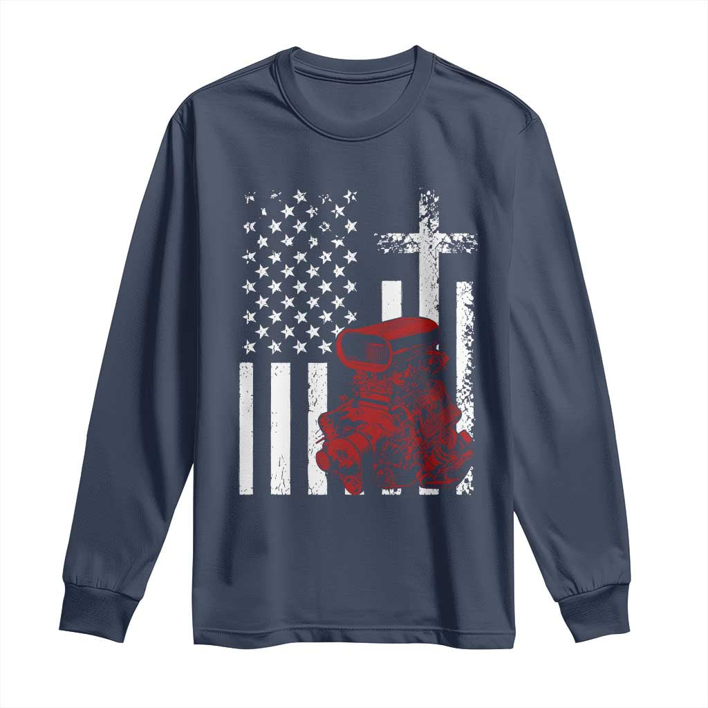 Classic Big Block Blower Long Sleeve Shirt Patriotic Racing Engine American Flag Christian Cross