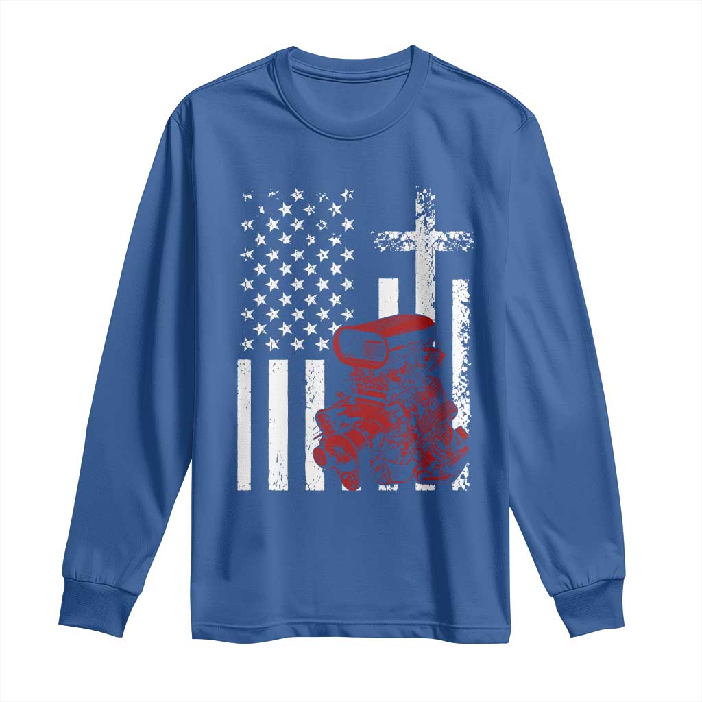 Classic Big Block Blower Long Sleeve Shirt Patriotic Racing Engine American Flag Christian Cross