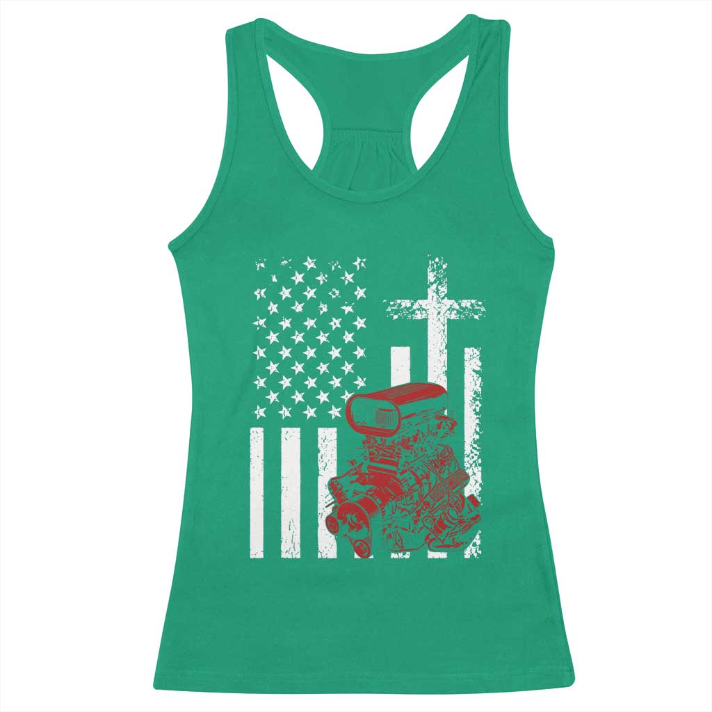 Classic Big Block Blower Racerback Tank Top Patriotic Racing Engine American Flag Christian Cross