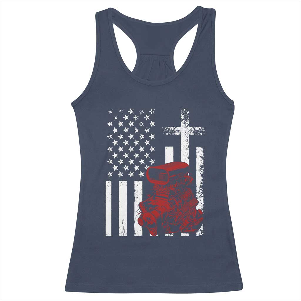 Classic Big Block Blower Racerback Tank Top Patriotic Racing Engine American Flag Christian Cross