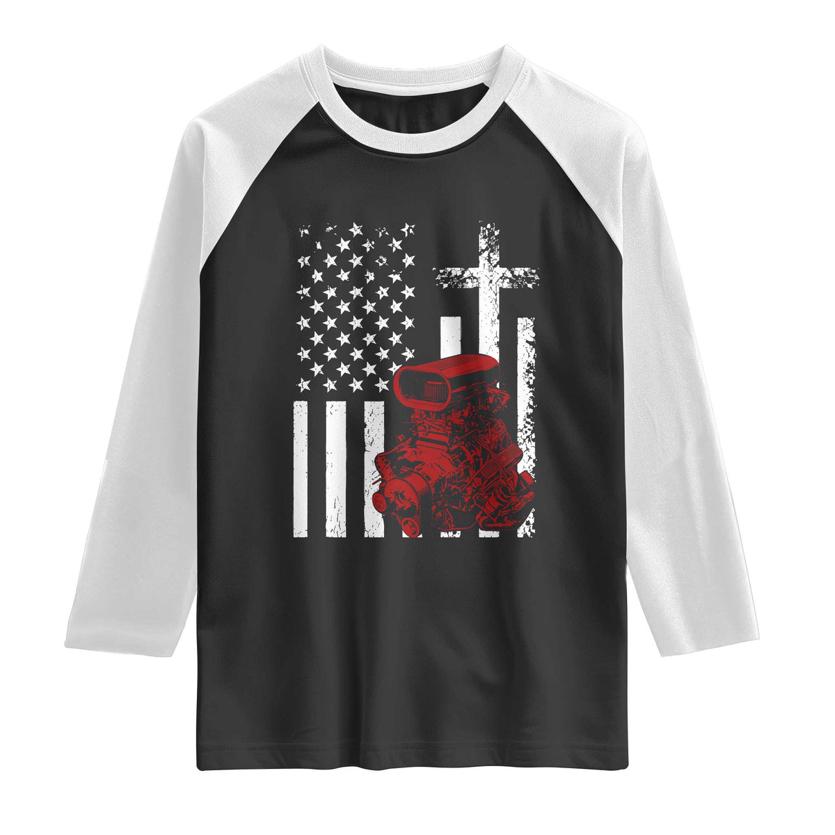 Classic Big Block Blower Raglan Shirt Patriotic Racing Engine American Flag Christian Cross