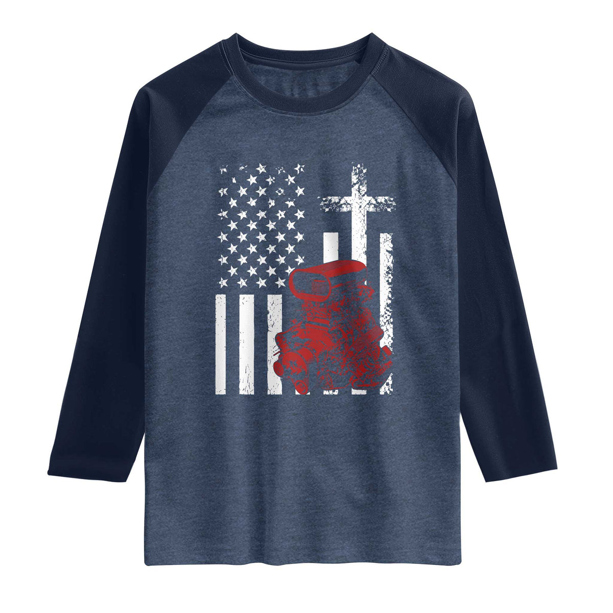 Classic Big Block Blower Raglan Shirt Patriotic Racing Engine American Flag Christian Cross