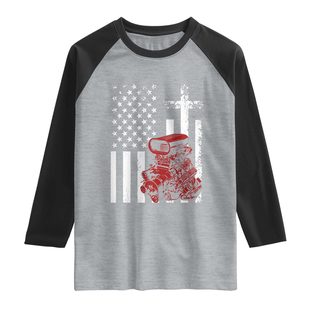 Classic Big Block Blower Raglan Shirt Patriotic Racing Engine American Flag Christian Cross