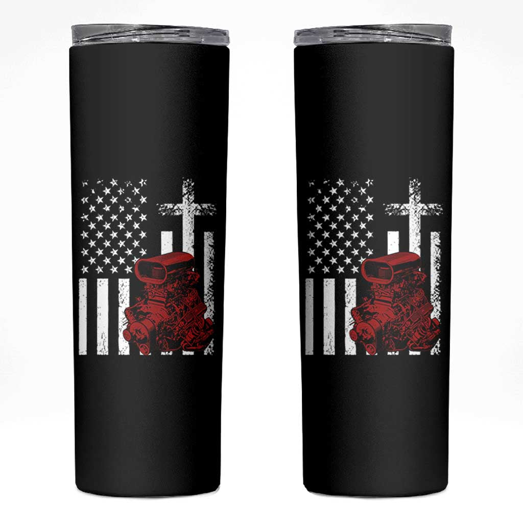 Classic Big Block Blower Skinny Tumbler Patriotic Racing Engine American Flag Christian Cross