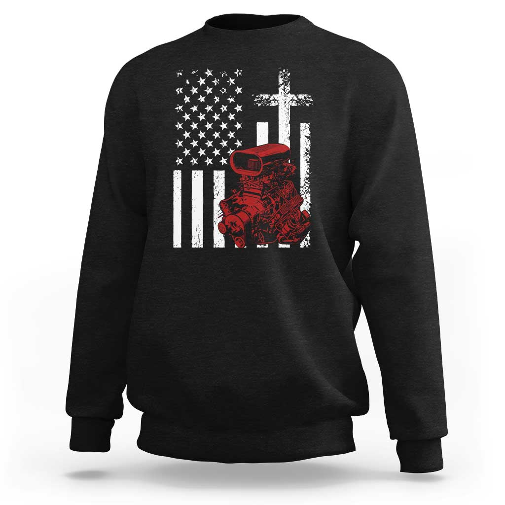 Classic Big Block Blower Sweatshirt Patriotic Racing Engine American Flag Christian Cross