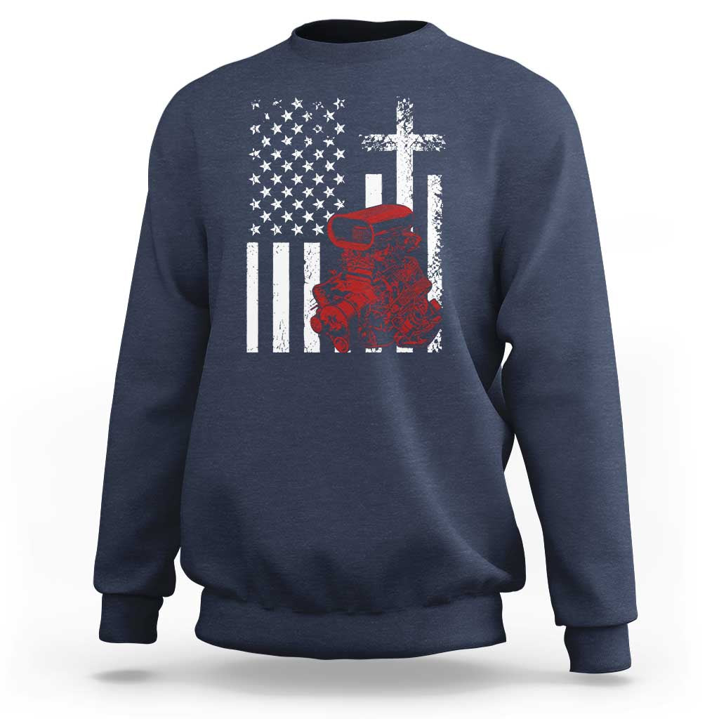 Classic Big Block Blower Sweatshirt Patriotic Racing Engine American Flag Christian Cross