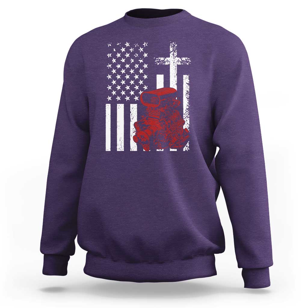 Classic Big Block Blower Sweatshirt Patriotic Racing Engine American Flag Christian Cross