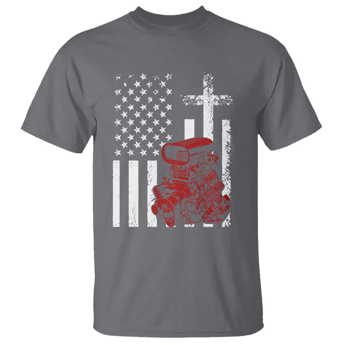 Classic Big Block Blower T Shirt Patriotic Racing Engine American Flag Christian Cross