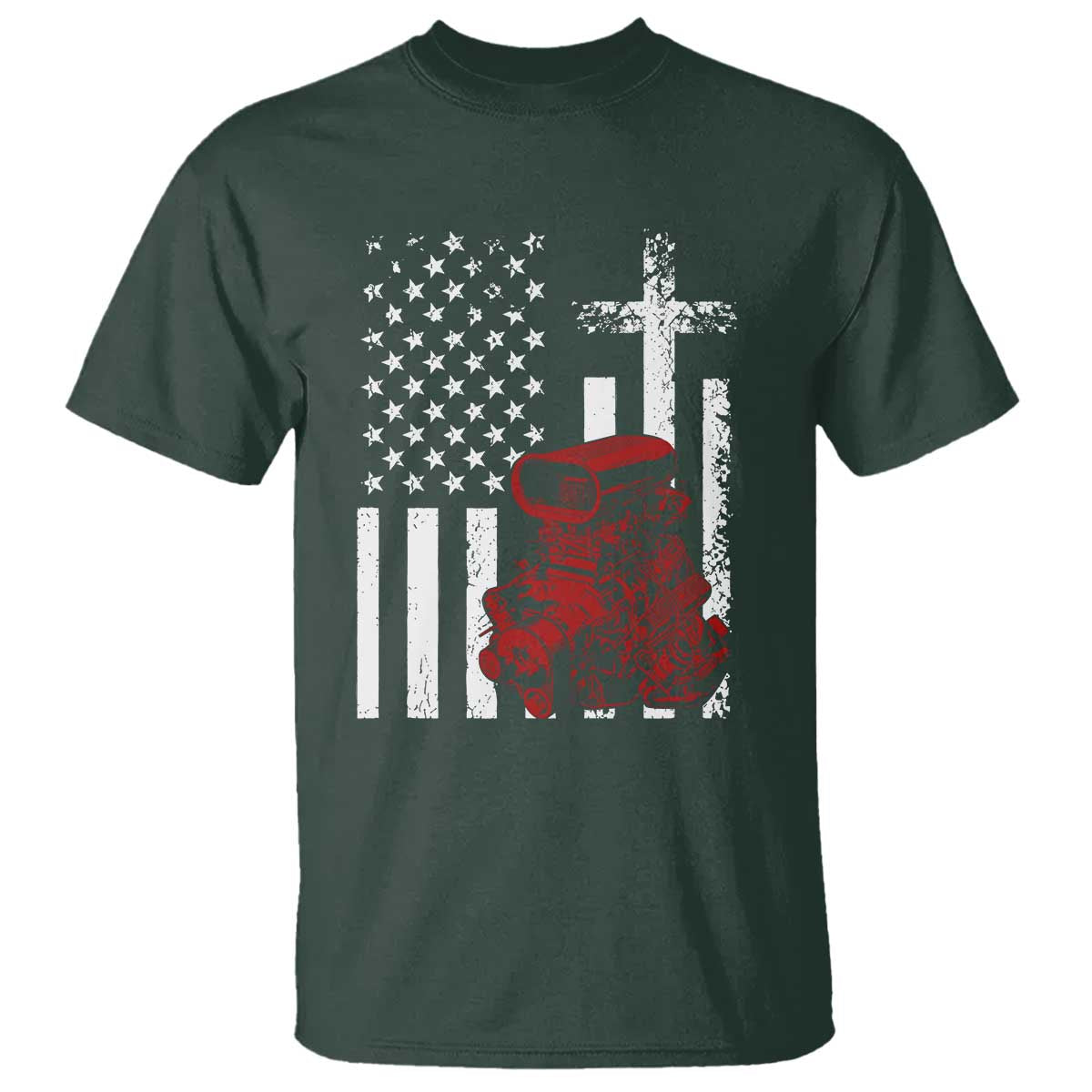 Classic Big Block Blower T Shirt Patriotic Racing Engine American Flag Christian Cross
