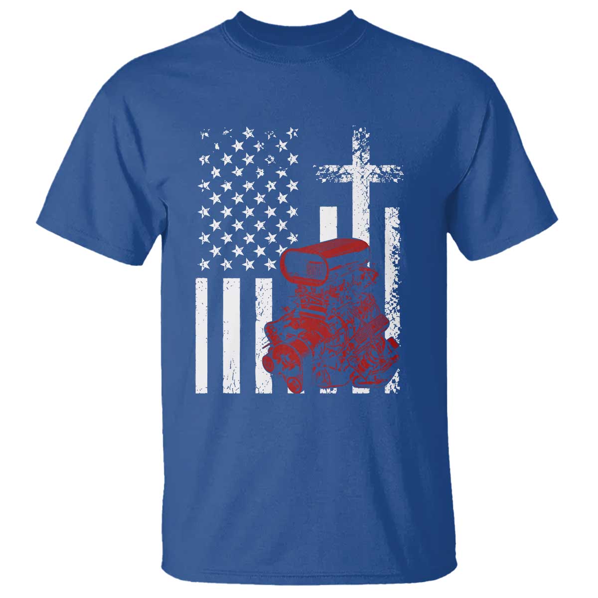 Classic Big Block Blower T Shirt Patriotic Racing Engine American Flag Christian Cross