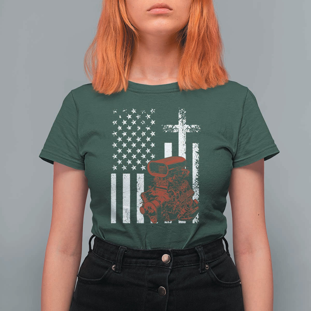 Classic Big Block Blower T Shirt For Women Patriotic Racing Engine American Flag Christian Cross