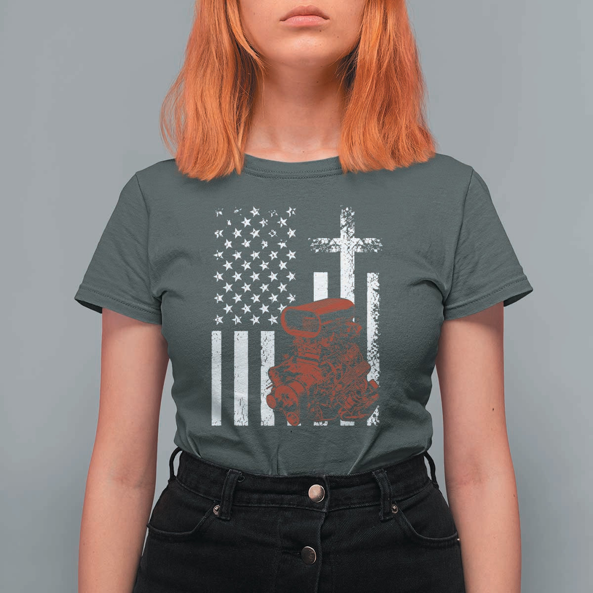 Classic Big Block Blower T Shirt For Women Patriotic Racing Engine American Flag Christian Cross