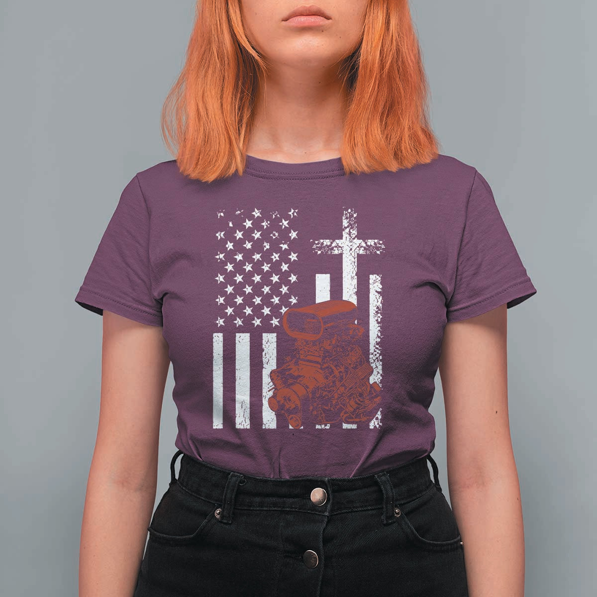 Classic Big Block Blower T Shirt For Women Patriotic Racing Engine American Flag Christian Cross
