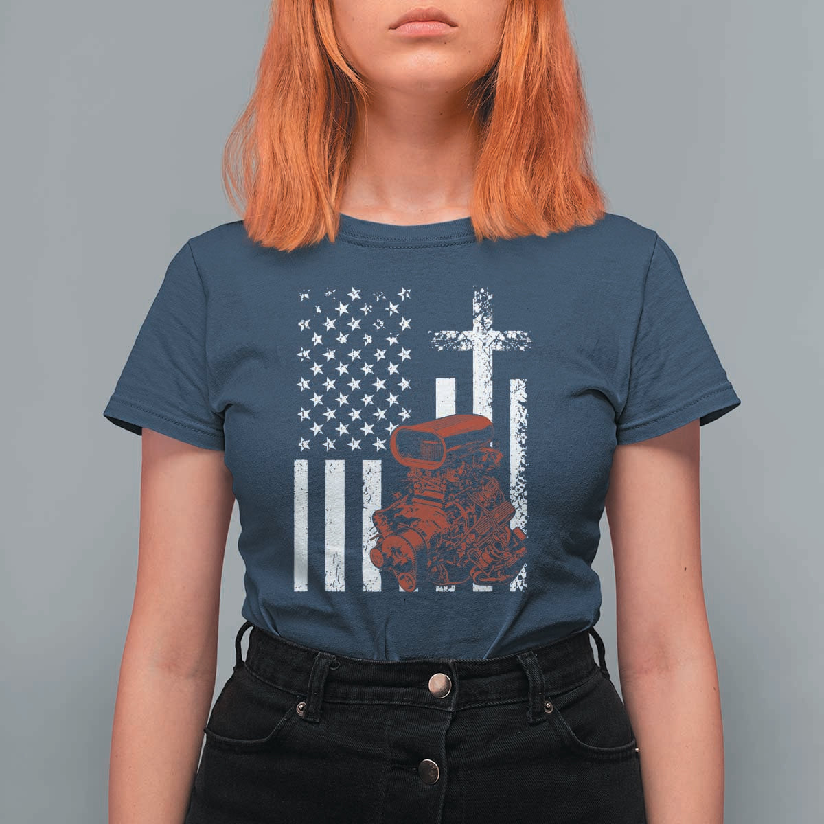 Classic Big Block Blower T Shirt For Women Patriotic Racing Engine American Flag Christian Cross