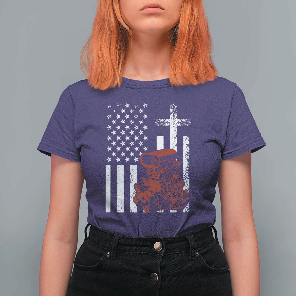 Classic Big Block Blower T Shirt For Women Patriotic Racing Engine American Flag Christian Cross