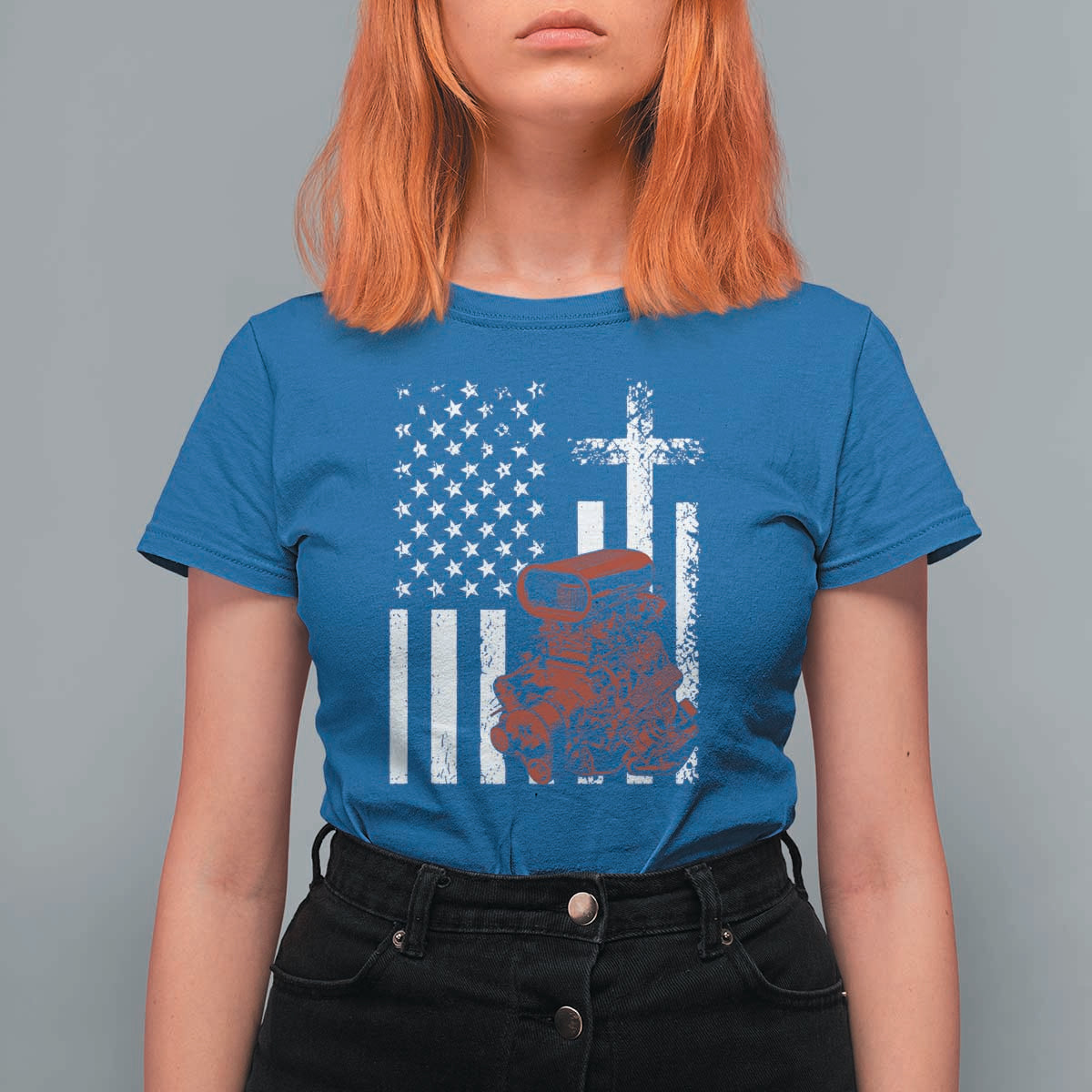 Classic Big Block Blower T Shirt For Women Patriotic Racing Engine American Flag Christian Cross